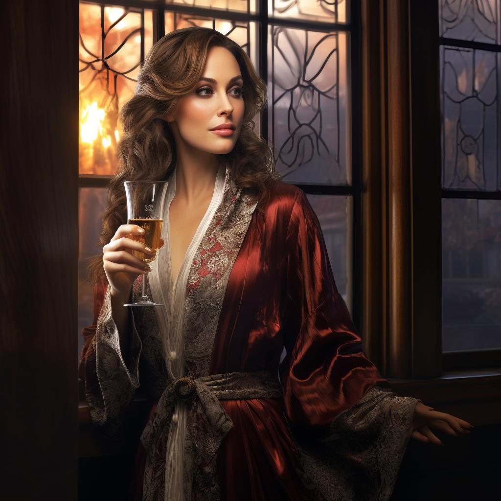 Brown-haired woman in sheer robe with cigar and bourbon